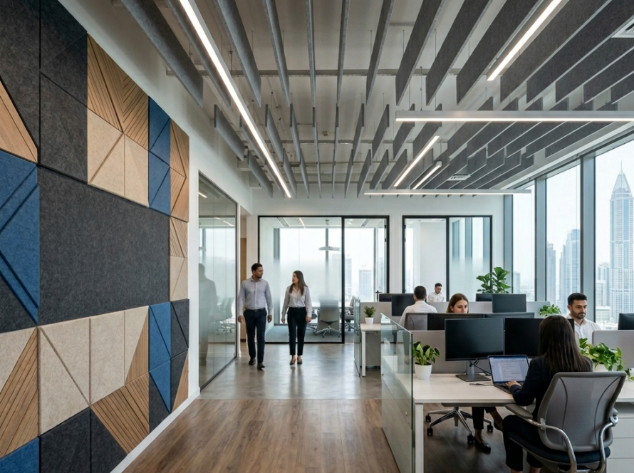 Modern office acoustic solutions in Dubai with wall panels and ceiling baffles
