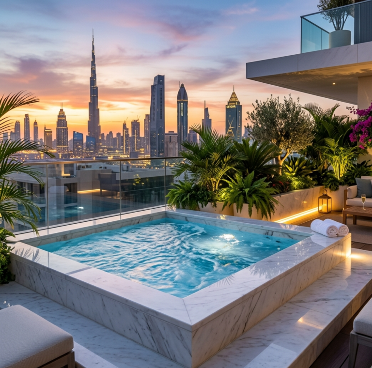 Luxury jacuzzi installation in Dubai villa with marble surround and skyline view