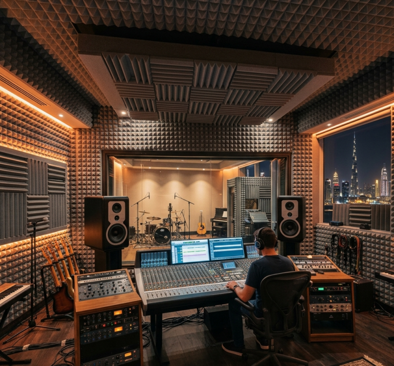 Foam acoustic panels installed in a professional recording studio in Dubai