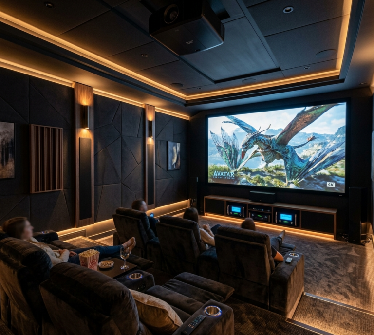 Luxury home cinema room with reclining seats, 4K projector screen and ambient LED lighting