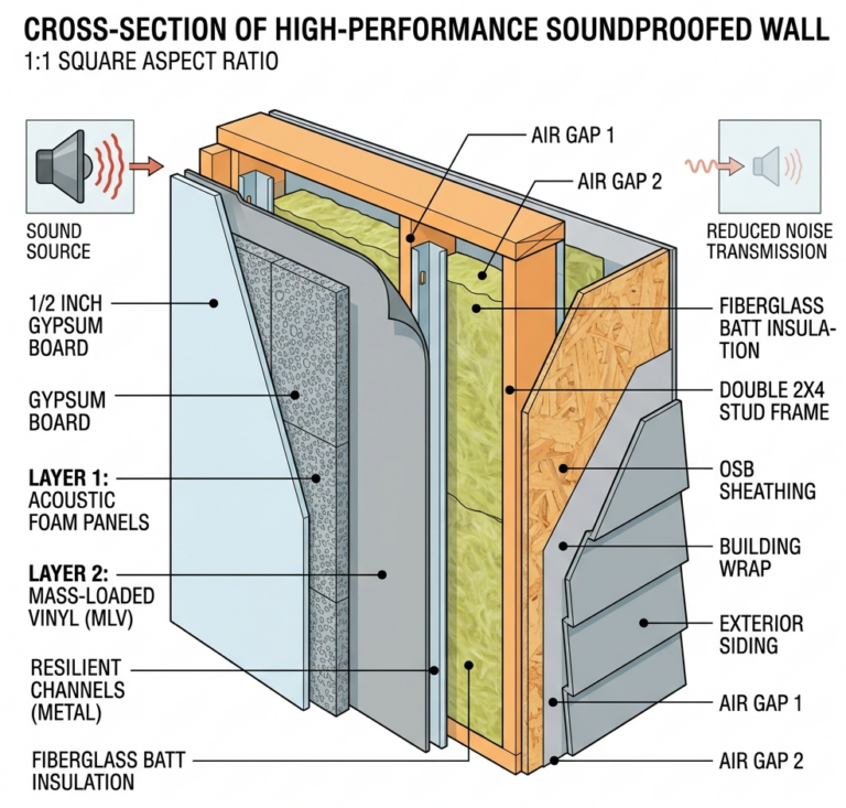 how soundproofing materials are layered inside a wall