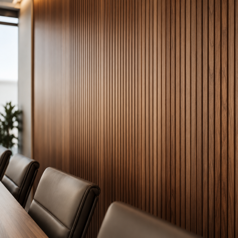 Grooved wooden acoustic panels installed on office boardroom wall in Dubai