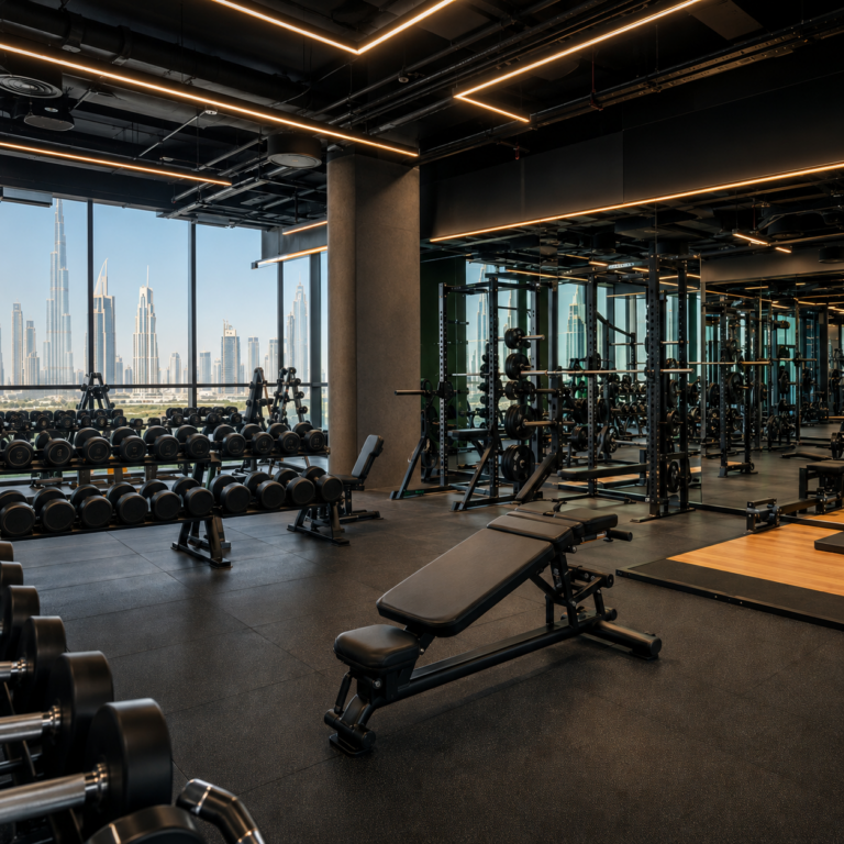 Modern gym room setup with acoustic rubber flooring in Dubai
